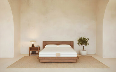 Minimalist interior design of modern bedroom with stucco wall.