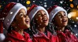 © Kien - Three children wearing Santa hats singing a carol, with snow falling around them.