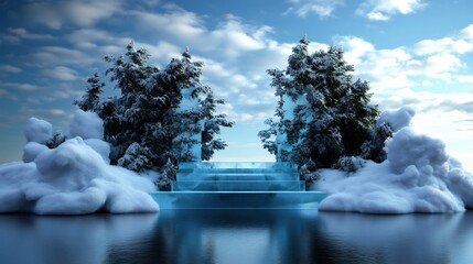 Wall Mural - Glass stairs between snow-covered pines reflecting in calm water under a blue winter sky.