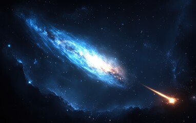 Wall Mural - Stunning Cosmic Event Captured in Deep Space with Bright Comet Trailing Through Glimmering Galaxy and Beautiful Nebulae in Dark Stellar Background