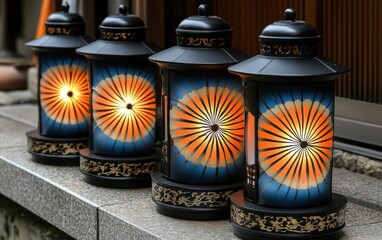 Wall Mural - Elegant Traditional Lanterns with Striking Patterns Illuminating a Serene Pathway in a Japanese Garden During Twilight Hours
