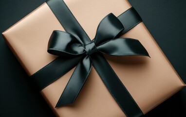 Wall Mural - Elegant Gift Box with Black Satin Ribbon on Dark Background, Perfect for Celebrations, Birthdays, Holidays, and Special Occasions, Exuding Luxury and Style