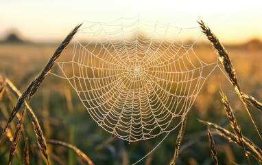 Wall Mural - Delicate Spider Web Glimmering with Morning Dew Amongst Tall Grasses in a Serene Natural Landscape Beneath Soft Golden Sunrise Light