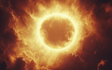 Wall Mural - Majestic Circular Sun Surrounded by Fiery Clouds in a Vivid Atmosphere Highlighting the Beauty of Nature and Celestial Phenomena in a Breathtaking Display of Light and Color