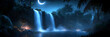 © john - Mesmerizing Glowing Waterfalls in Fantasy Landscape, a serene night scene featuring a magical waterfall illuminating a lush tropical jungle under a crescent moon.