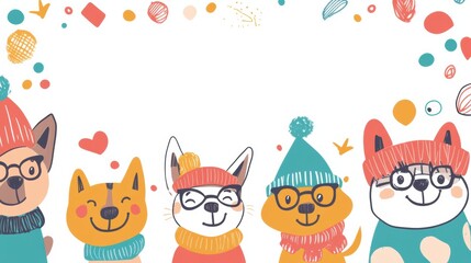 Poster - Charming doodle drawings feature five dogs in hats and glasses, vibrant colors, and whimsical shapes creating a lively artistic atmosphere. Generative AI