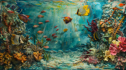 Wall Mural - an enchanting encaustic painting portraying a vibrant underwater scene, with schools of tropical fis