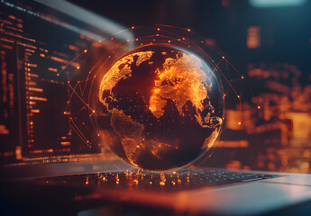 Wall Mural - A globe on top of an open laptop, with digital connections around it representing global connectivity and technology.