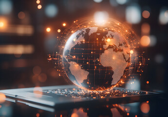 Wall Mural - A globe on top of an open laptop, with digital connections around it representing global connectivity and technology.