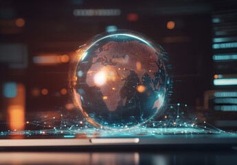 Wall Mural - A globe on top of an open laptop, with digital connections around it representing global connectivity and technology.