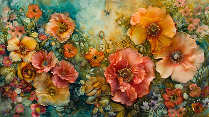Wall Mural - an enchanting encaustic painting capturing the vibrant colors and intricate patterns of a blooming g