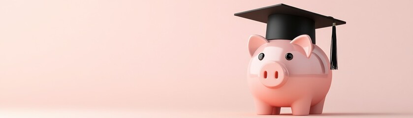 Wall Mural - A pink piggy bank wearing a graduation cap, symbolizing savings for education and financial planning for students.