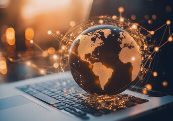 Wall Mural - A globe on top of an open laptop, with digital connections around it representing global connectivity and technology.