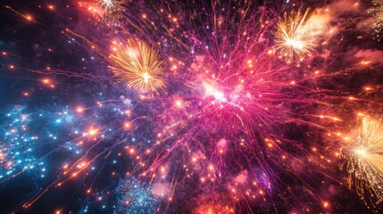 Wall Mural - Vibrant aerial view colorful fireworks lighting night sky.