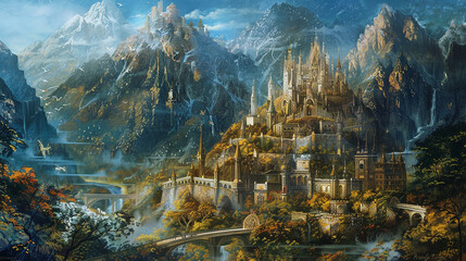 Wall Mural - an enchanting glass painting capturing the magical charm of a fairy-tale castle nestled among toweri