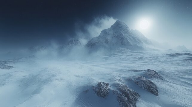 a fierce snowstorm raging over a remote mountain pass, heavy snowflakes swirling violently in the wi