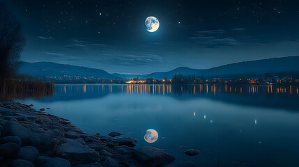 Canvas Print - Landscape in the night, lake, moon, mountain.