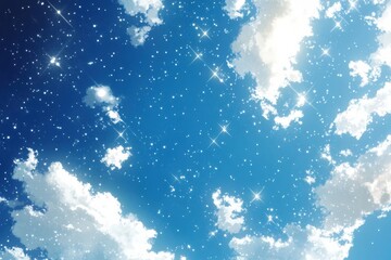 Wall Mural - Serene blue sky adorned sparkling stars fluffy clouds, perfect dreamy landscapes celestial themes.