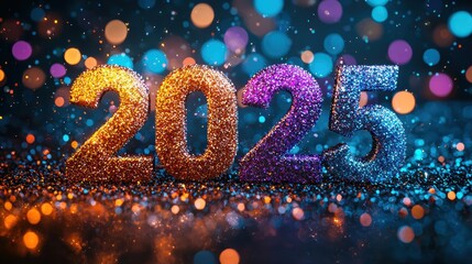 Wall Mural - Celebrate New Year sparkling 2025 numbers surrounded vibrant bokeh shimmering lights.