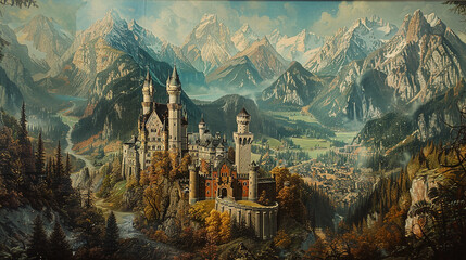 Wall Mural - an enchanting glass painting capturing the magical charm of a fairy-tale castle nestled among toweri
