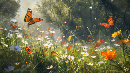 Wall Mural - an enchanting landscape painting of a sunlit meadow filled with vibrant wildflowers, with butterflie