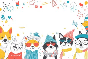 Poster - Doodle illustrations showcase playful dogs wearing colorful hats and accessories, celebrating a joyful occasion surrounded by hearts and decorations. Generative AI