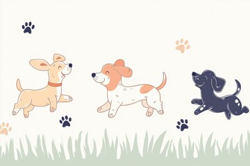 Poster - Three cheerful doodle dogs play together in a grassy space under a clear sky, leaving paw prints as they run joyfully. Generative AI