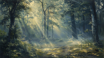 Wall Mural - an enchanting landscape painting portraying a misty forest shrouded in fog, with sunlight filtering 