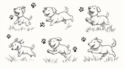 Poster - Playful dogs are illustrated in a grassy area, showcasing their joyful runs and wagging tails, accompanied by cute paw prints scattered around. Generative AI