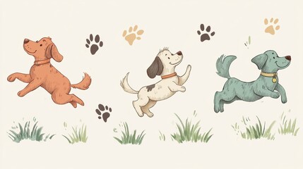 Poster - Three doodle-style dogs joyfully run through a grassy space, leaving paw prints on a soft, light backdrop, capturing their playful nature. Generative AI