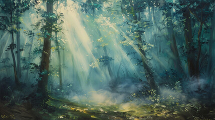 Wall Mural - an enchanting landscape painting portraying a misty forest shrouded in fog, with sunlight filtering 