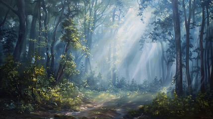 Wall Mural - an enchanting landscape painting portraying a misty forest shrouded in fog, with sunlight filtering 
