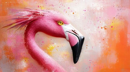 Wall Mural - A painting of a pink flamingo on an orange background