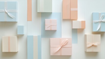 Leinwandbilder - Handcrafted gift boxes in soft pastel colors are beautifully arranged, featuring delicate ribbons that enhance their elegance for special occasions. Generative AI