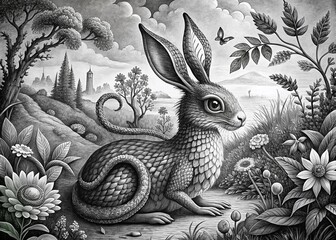 Vintage Black and White Illustration of a Snake Rabbit Hybrid Creature in a Whimsical Setting with Intricate Details and Artistic Flair for Unique Art Collections