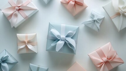Aufkleber - Handcrafted gift boxes in pastel colors are beautifully arranged, adorned with ribbons, perfect for any celebration or gifting occasion. Generative AI