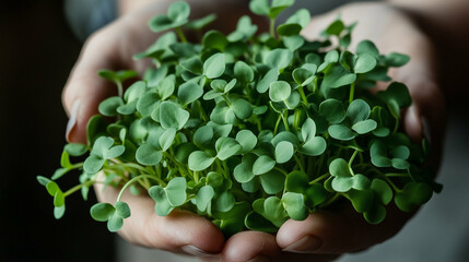 Wall Mural - Microgreens in hands showcasing fresh nutrient-rich healthy food for culinary use