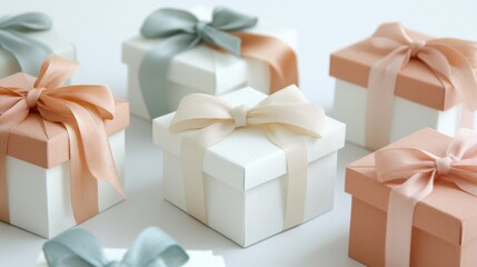 Poster - Handcrafted gift boxes in soft pastel colors, adorned with delicate ribbons, ideal for birthdays, weddings, or special events. Generative AI