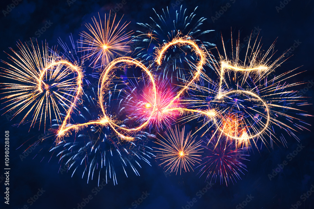 Sparkle firework on black background, happy new year 2025 concept