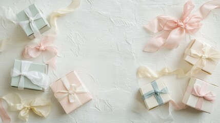 Aufkleber - Handcrafted paper gift boxes with delicate pastel ribbons create a charming display perfect for celebrations or special occasions. Generative AI