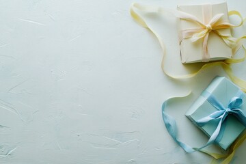 Aufkleber - Elegant handcrafted gift boxes in pastel colors sit on a smooth surface, adorned with delicate ribbons ideal for special occasions. Generative AI