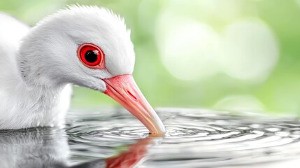 Wall Mural - A white bird with red eyes swimming in the water