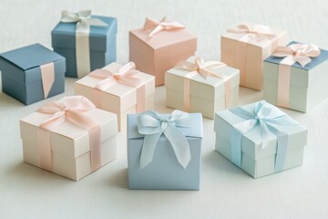Aufkleber - Stylish handcrafted gift boxes in soft pastel colors feature delicate ribbons, creating an eye-catching display perfect for any occasion. Generative AI