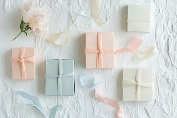 Poster - Beautiful pastel-colored gift boxes tied with delicate ribbons are artistically arranged on a textured surface alongside a floral accent. Generative AI