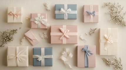 Poster - A collection of beautiful handcrafted gift boxes in pastel colors, adorned with ribbons, showcases craftsmanship and elegance. Generative AI