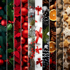 Wall Mural - Colorful abstract background with seasonal and winter stripes with plant, leaf, ball, cone, spice, sweets and gifts texture. Horizontal composition. Concept of Christmas, holiday and New Year.