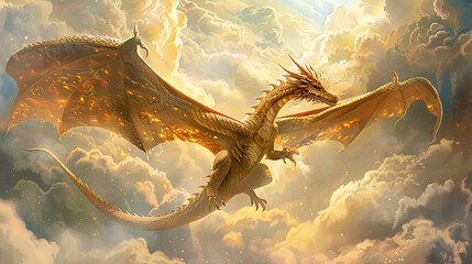 Wall Mural - an enchanting miniature painting of a majestic dragon soaring through the clouds, its scales gleamin