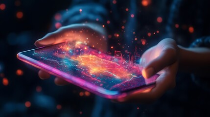 Wall Mural - hands holding phone displaying cityscape data visualization