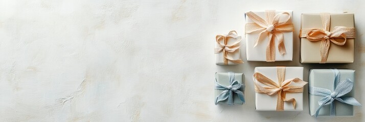 Poster - Handcrafted paper gift boxes in soft pastel shades are tied with delicate ribbons, perfect for celebrations and special moments. Generative AI