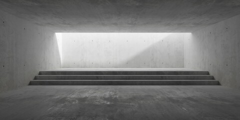 Poster - Abstract empty, modern concrete room with wide stairs in the back, indirect light and rough floor - industrial interior background template